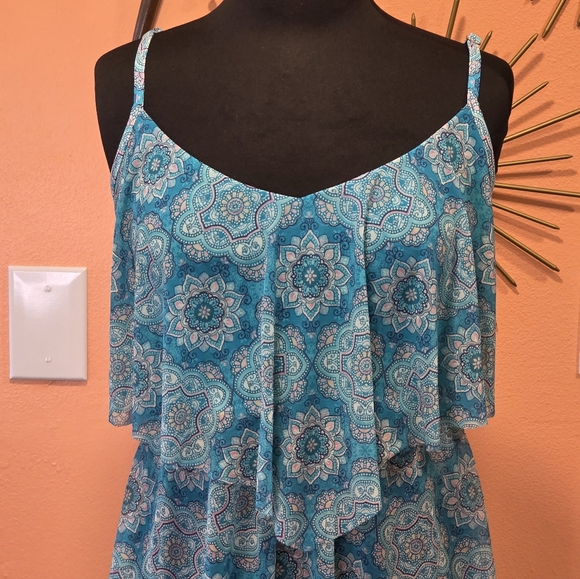 Vintage Fairy Teal Mesh Tankini Top Beach House 14 Tiered Mandala Print - Picture 3 of 15